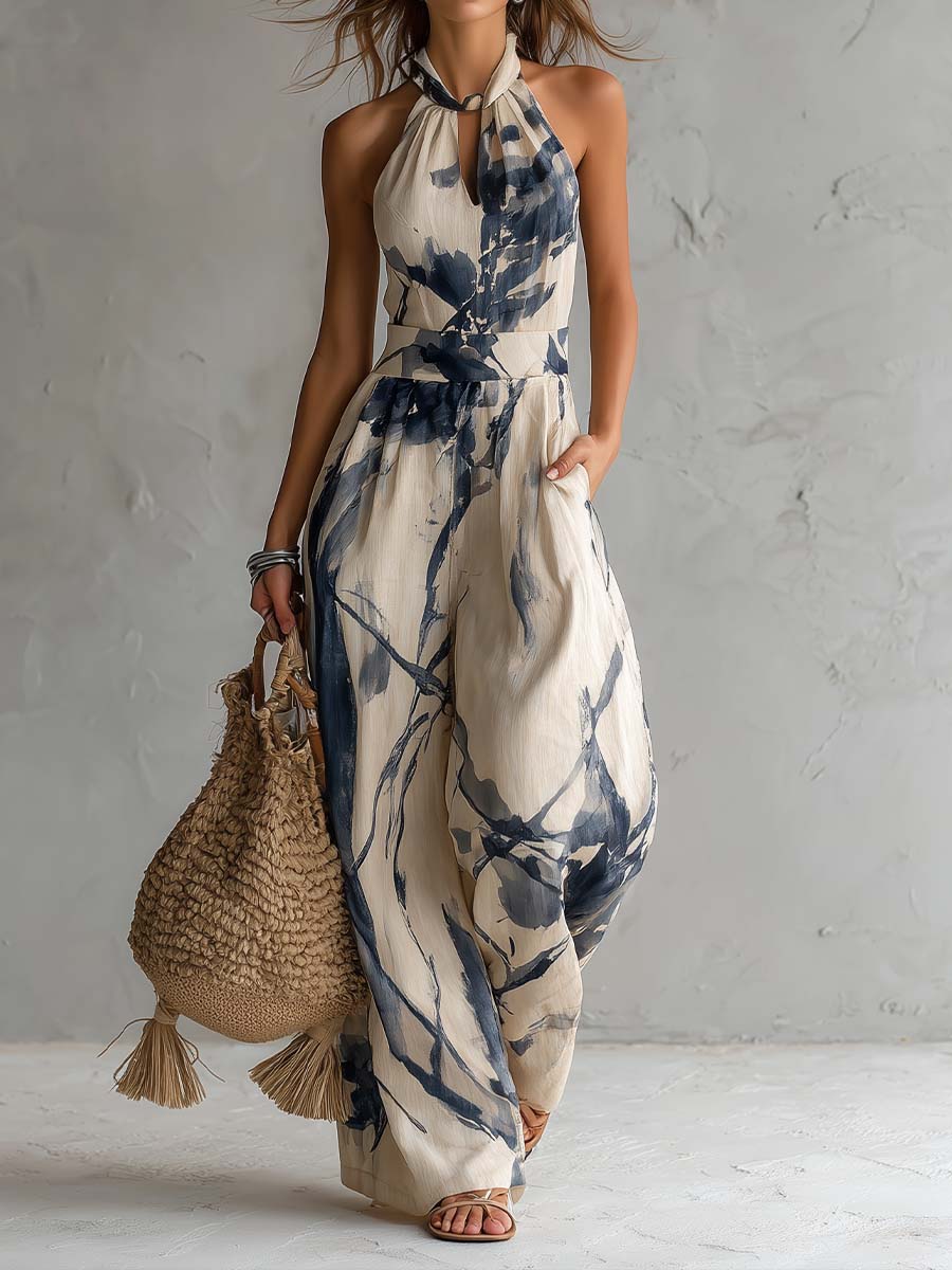 Juno | Ink-Wash Halter Wide-Leg Jumpsuit