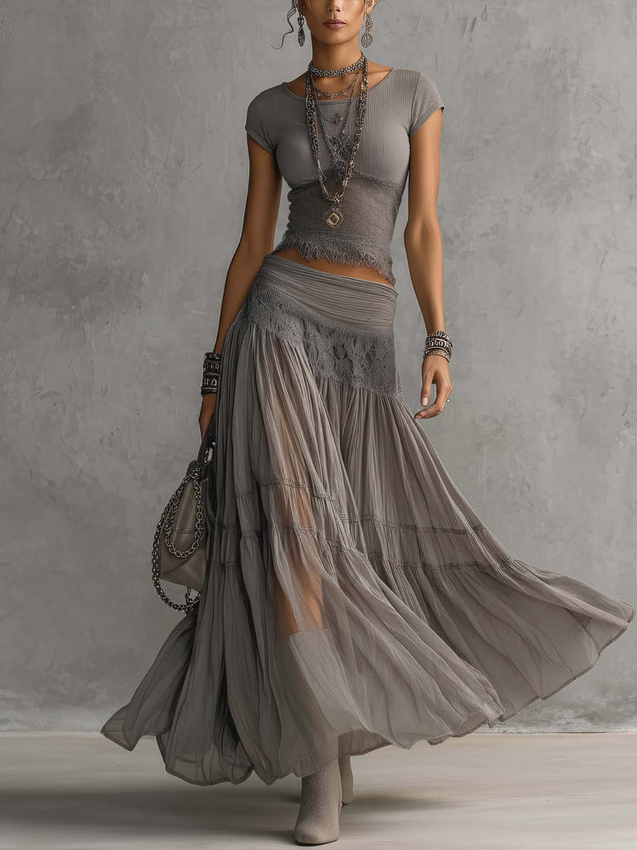 Vesper™ | Lace-Paneled Top & Pleated Maxi Skirt Set