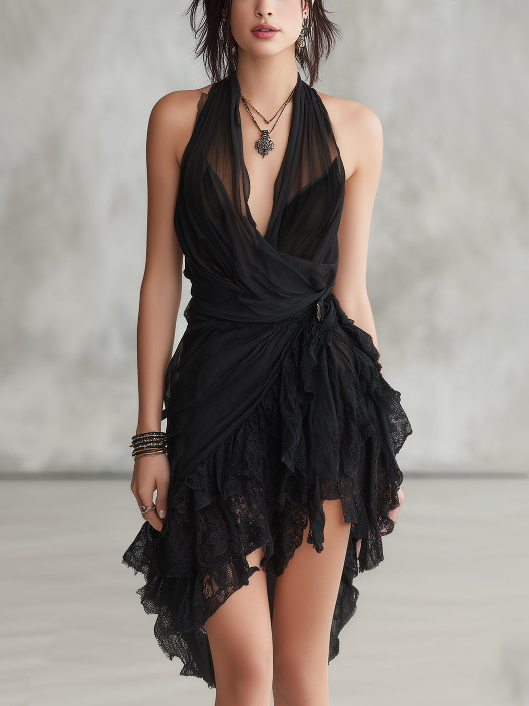 Lucienne | Halter Lace Ruffled Mini Dress