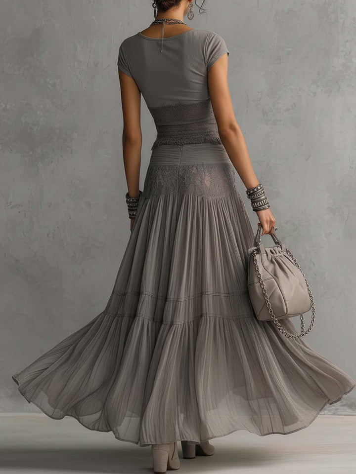 Elena Lace-Paneled Top and Pleated Maxi Skirt Set