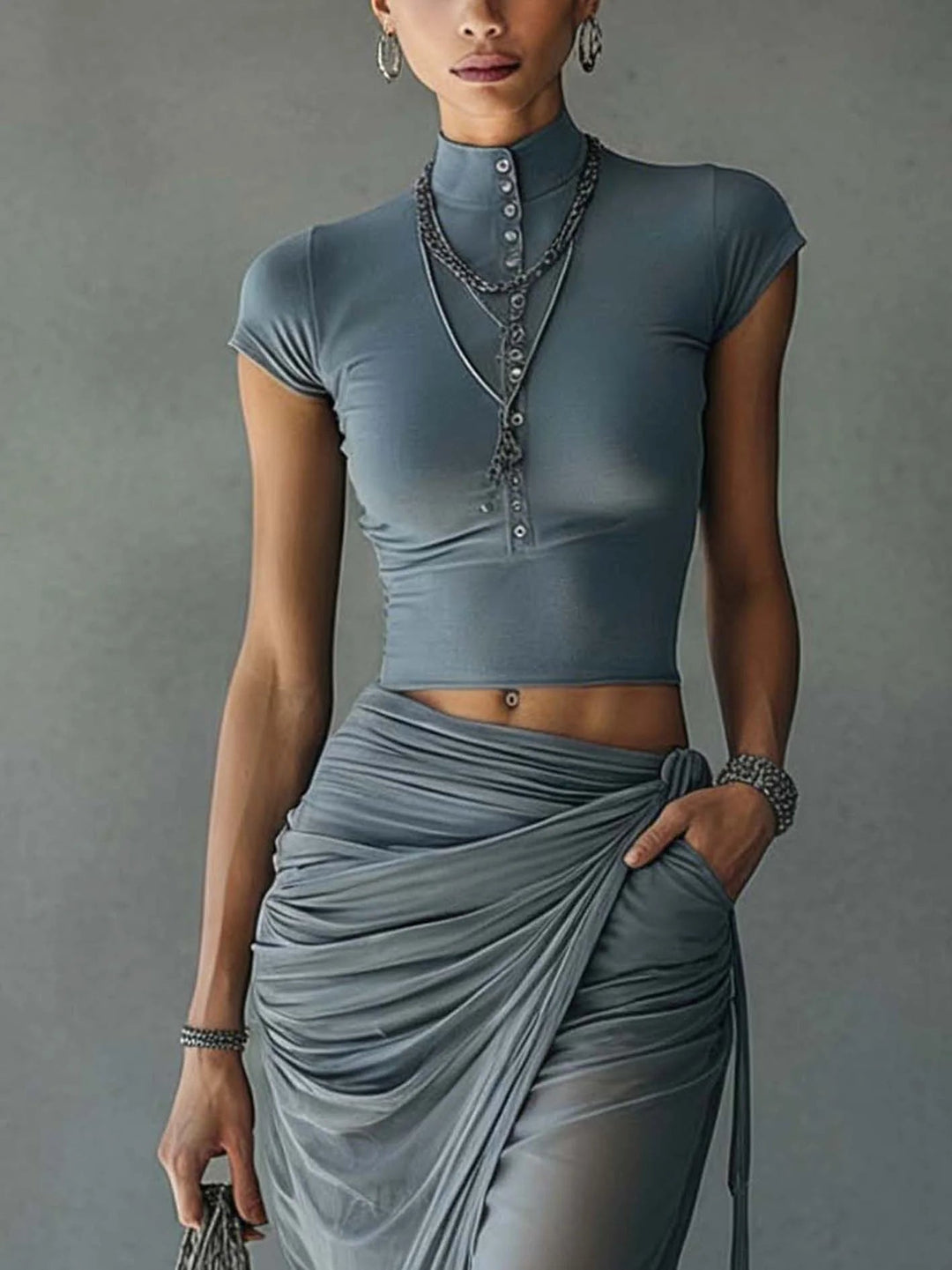 Noor | Cropped Tee & Sheer Draped Skirt Set
