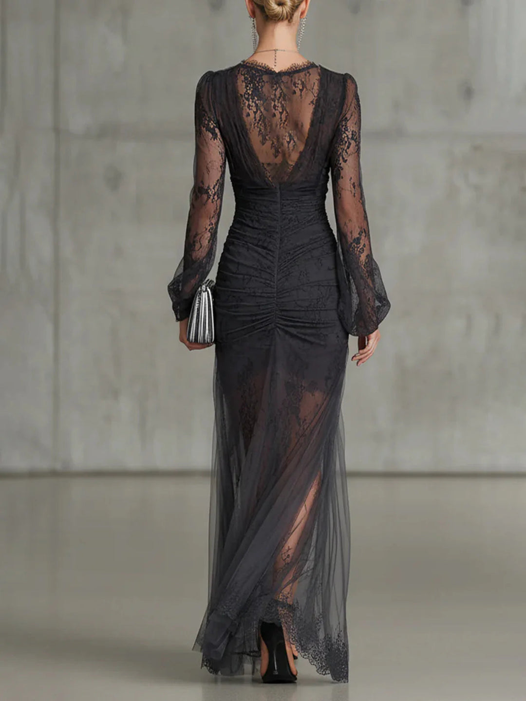 Adelaide | Lace Ruched Sheer-Sleeve Slit Maxi Dress