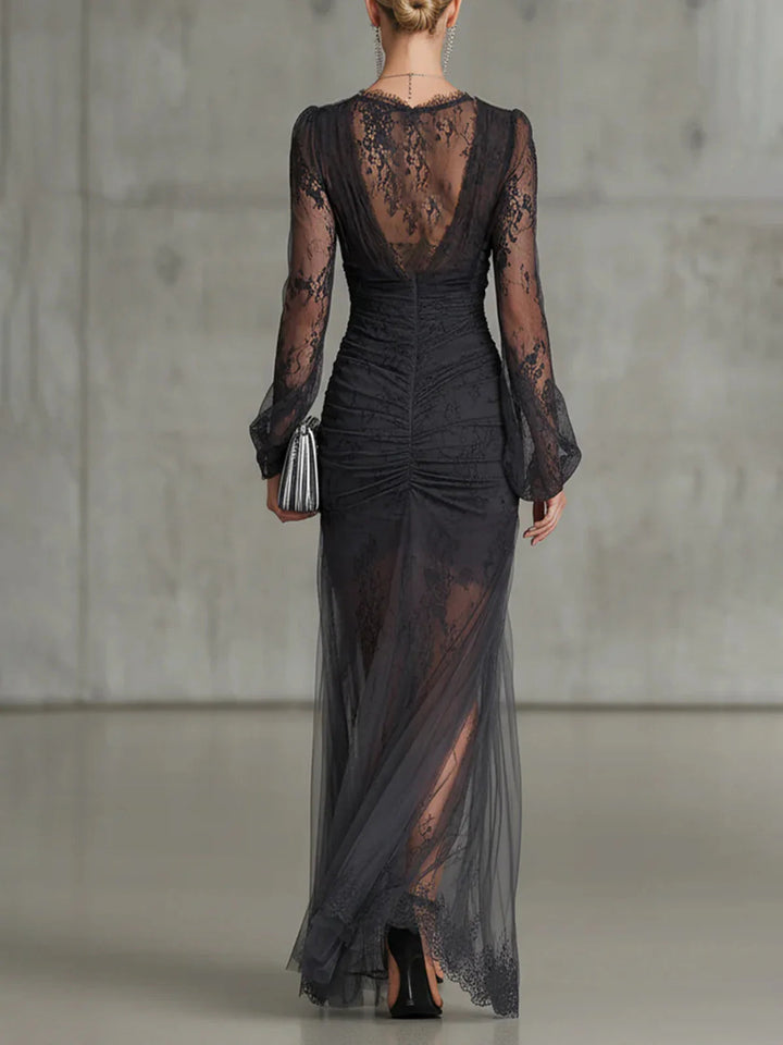Adelaide™ | Lace Ruched Sheer-Sleeve Slit Maxi Dress