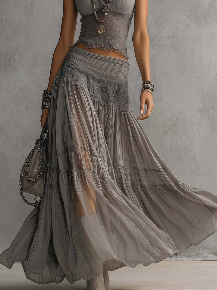 Vesper™ | Lace-Paneled Top & Pleated Maxi Skirt Set