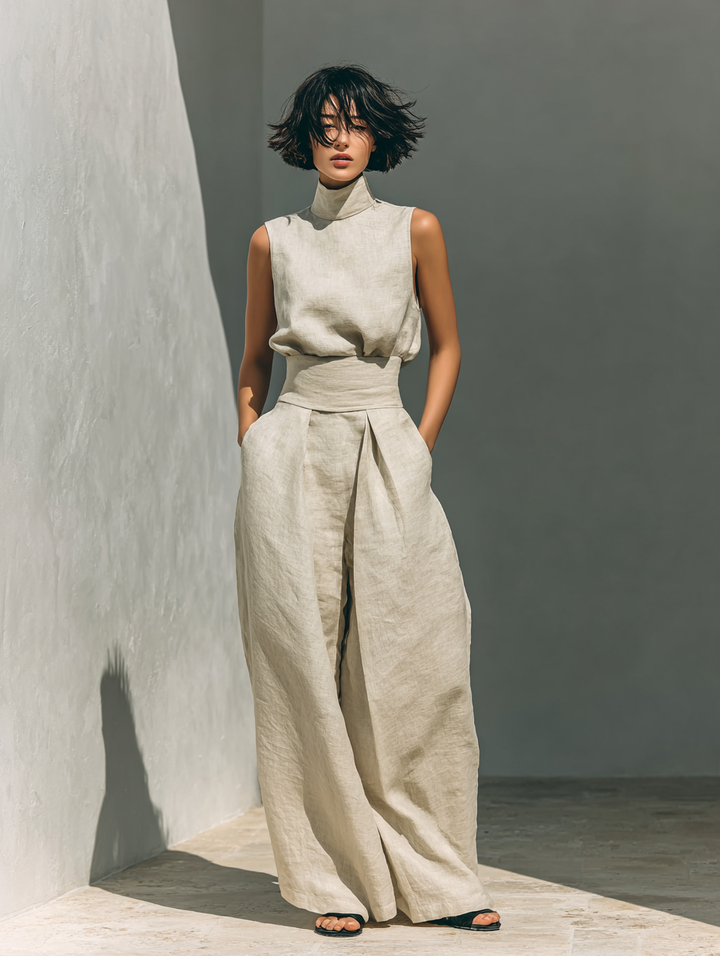 Women's minimalist setwith sleeveless blouse and wide-leg pants