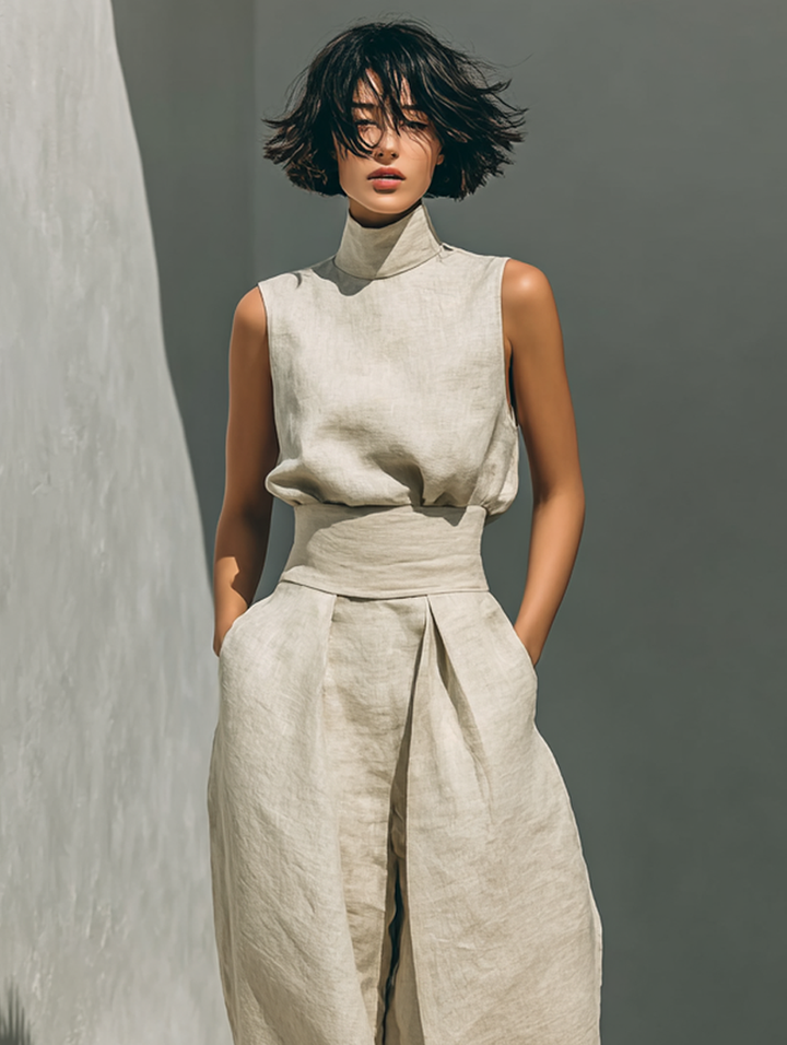 Women's minimalist setwith sleeveless blouse and wide-leg pants