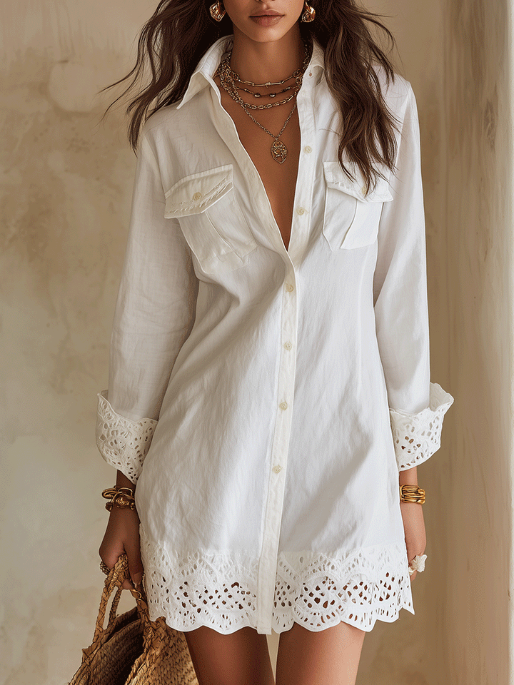 Bohemian Eyelet Hem Resort White Shirt Mini Dress
