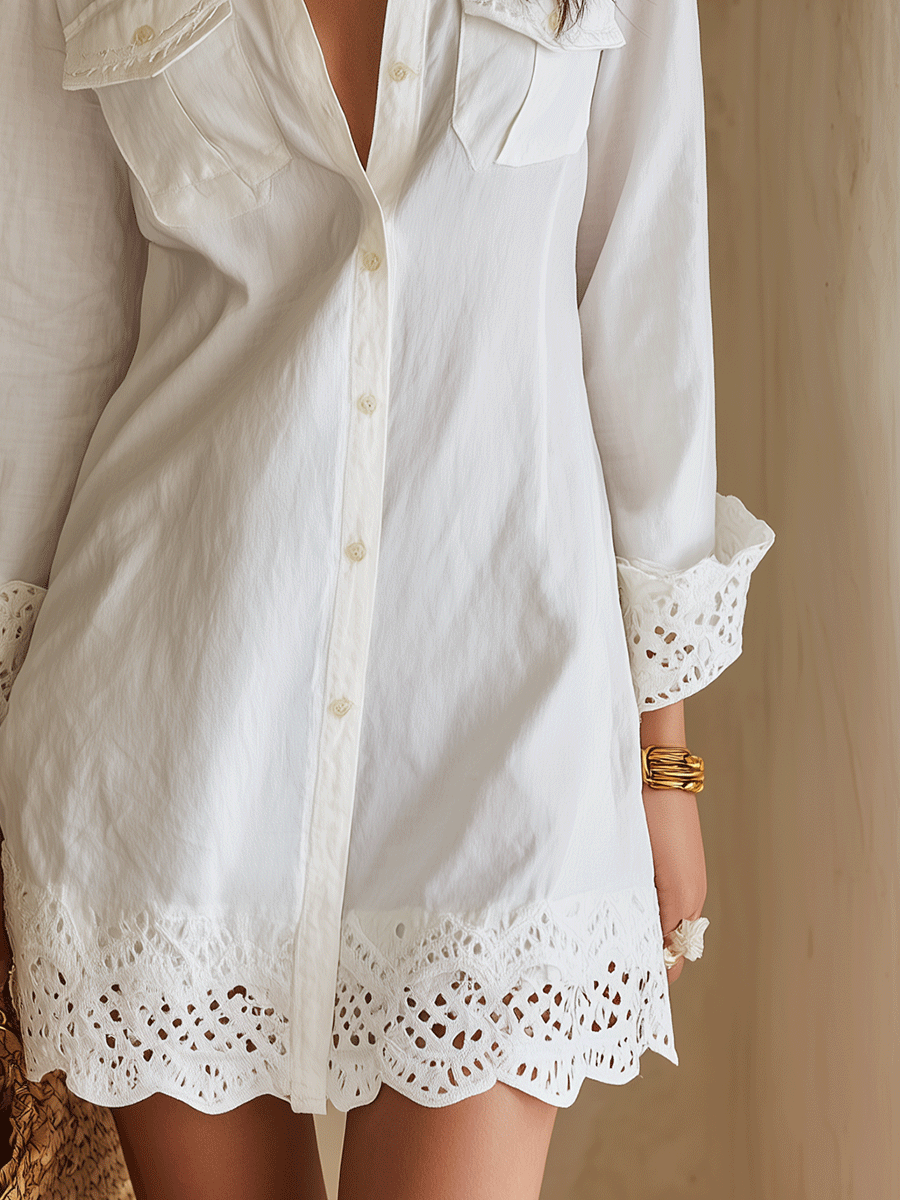 Bohemian Eyelet Hem Resort White Shirt Mini Dress