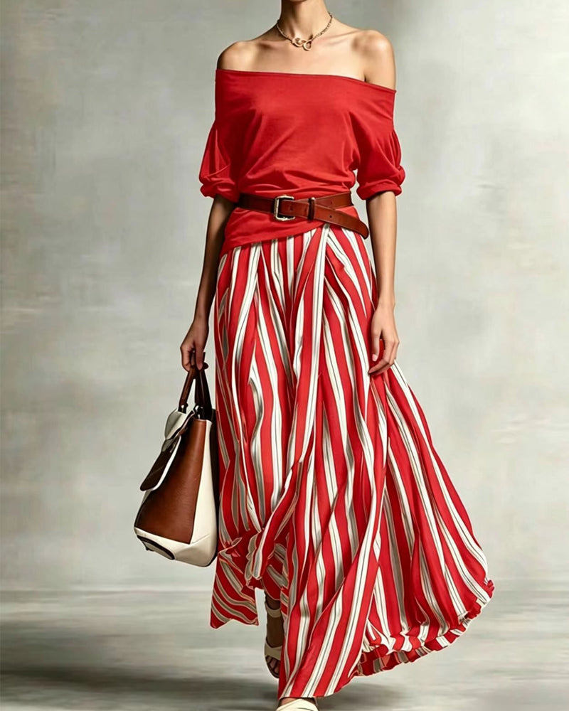 MADISON | Striped Maxi Skirt Set with Off-Shoulder Top
