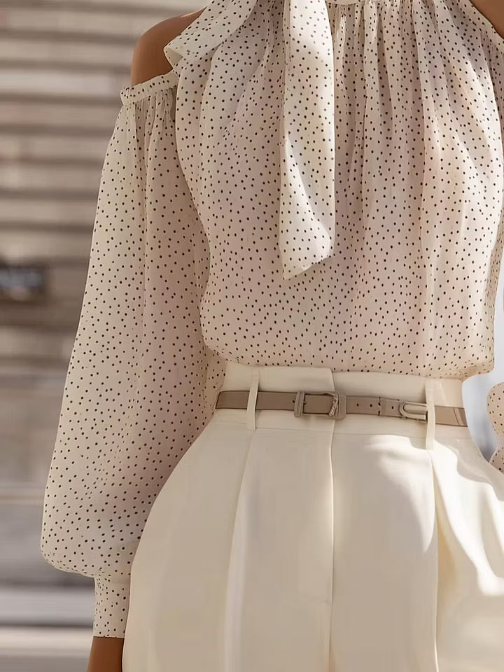Polka Dot Cold-Shoulder Chiffon Blouse With Scarf Tie