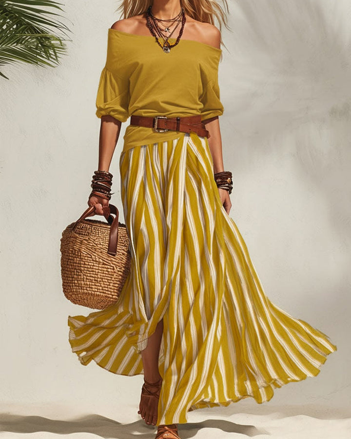MADISON | Striped Maxi Skirt Set with Off-Shoulder Top