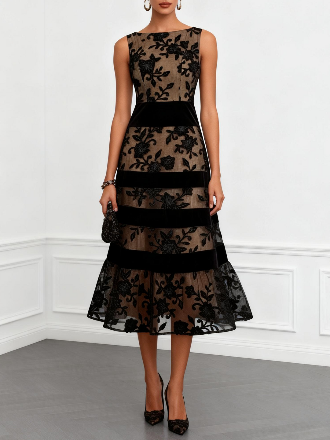 Mae | Mesh Floral A-Line Midi Dress