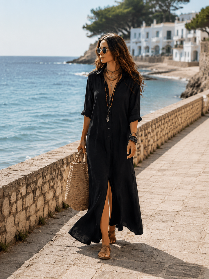 Black Button-Front Bohemian Shirt Maxi Dress