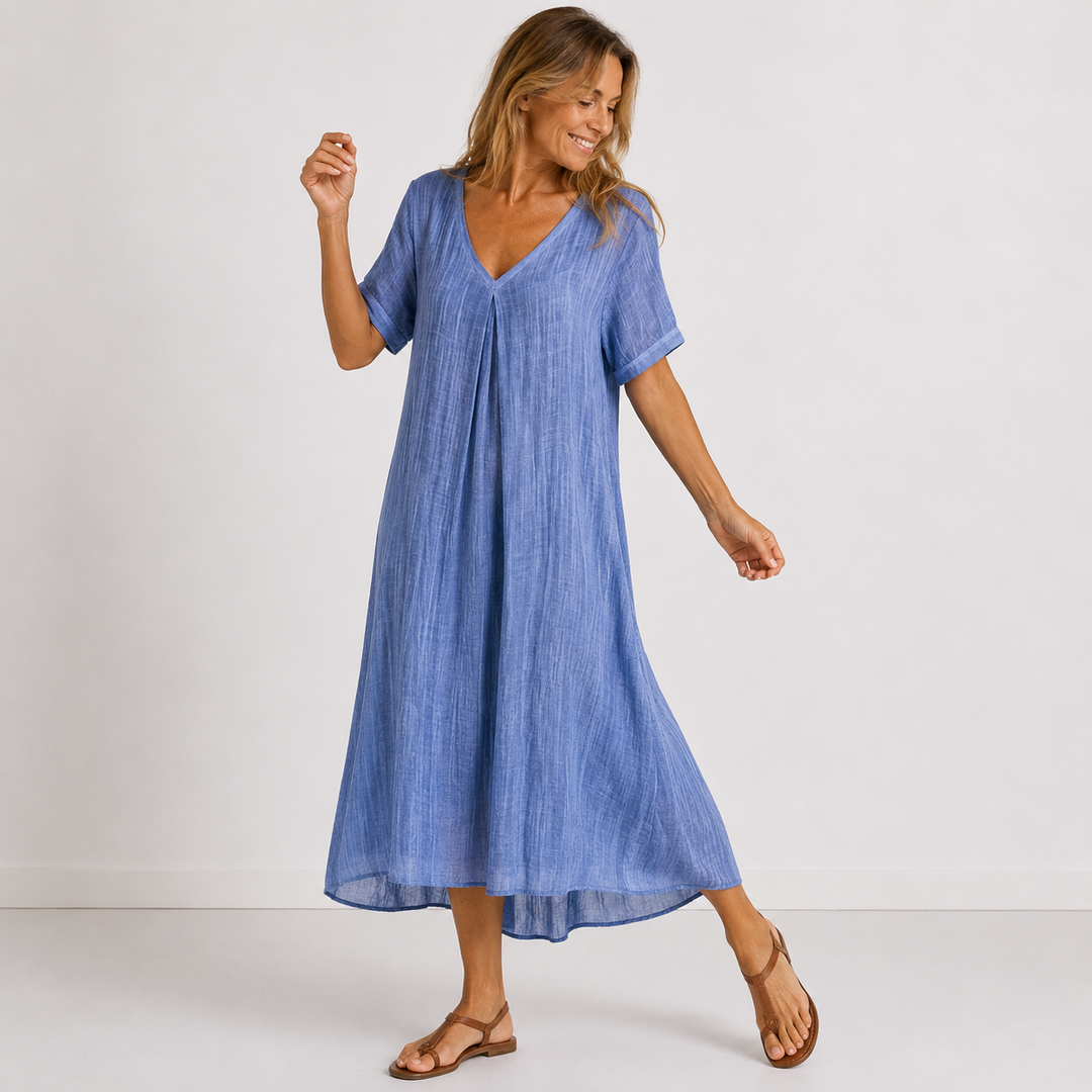 CORA | Green Flowy Maxi Dress with Short Sleeves