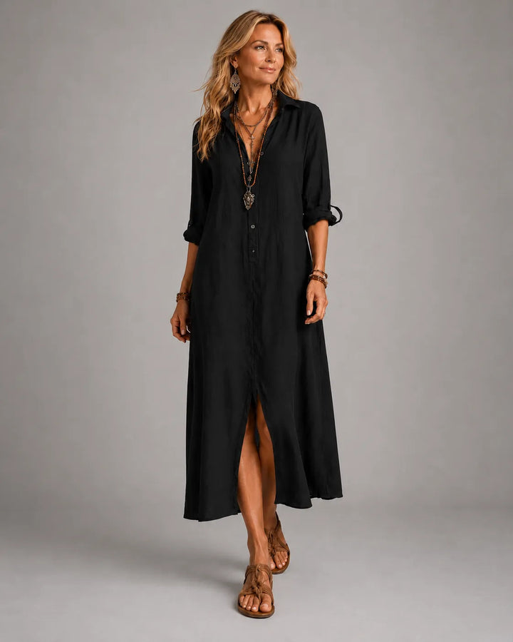 Black Button-Front Bohemian Shirt Maxi Dress
