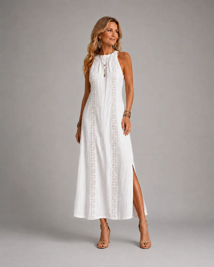 Jimena | Relaxed Embroidered Mandarin Collar Midi Dress