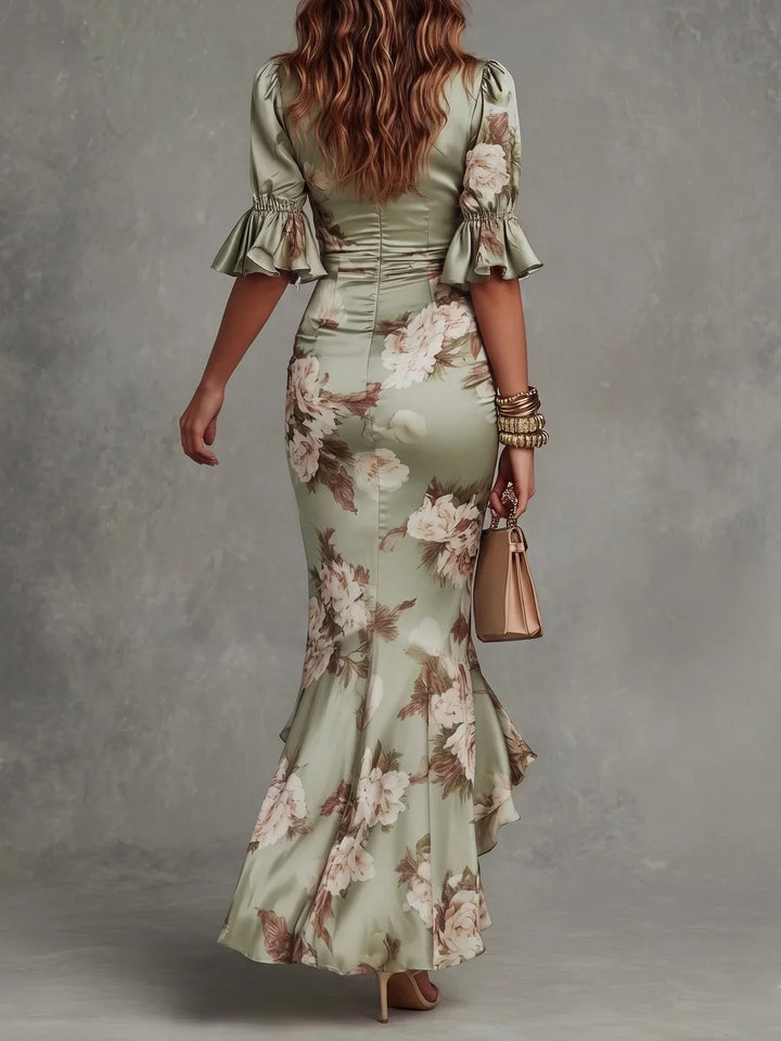 Floral Satin Ruched Maxi Dress with Ruffle Hem