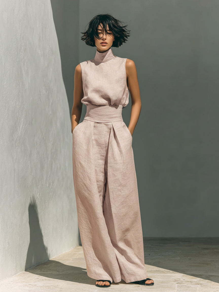 Women's minimalist setwith sleeveless blouse and wide-leg pants