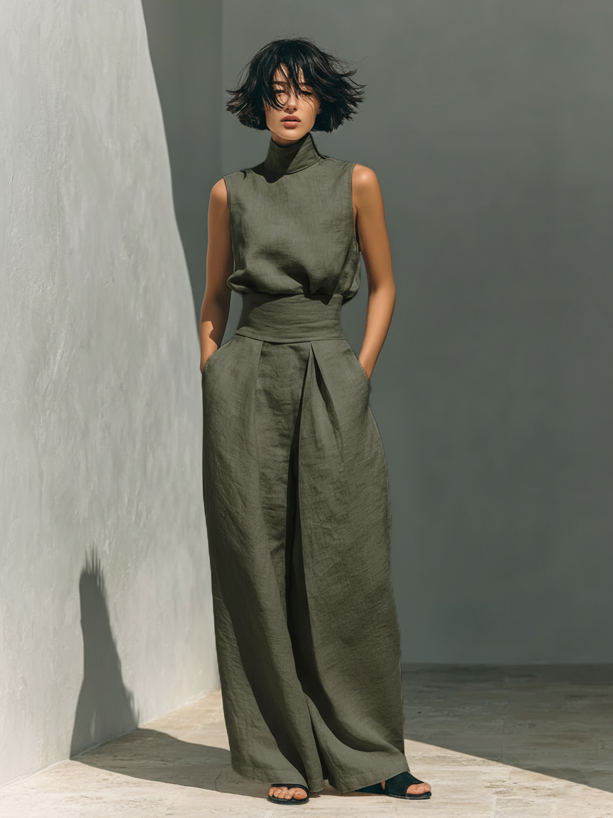 Women's minimalist setwith sleeveless blouse and wide-leg pants