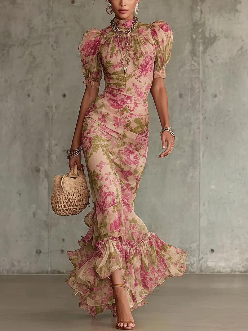 Rosalind | Vintage Rose Puff Sleeve Maxi Dress