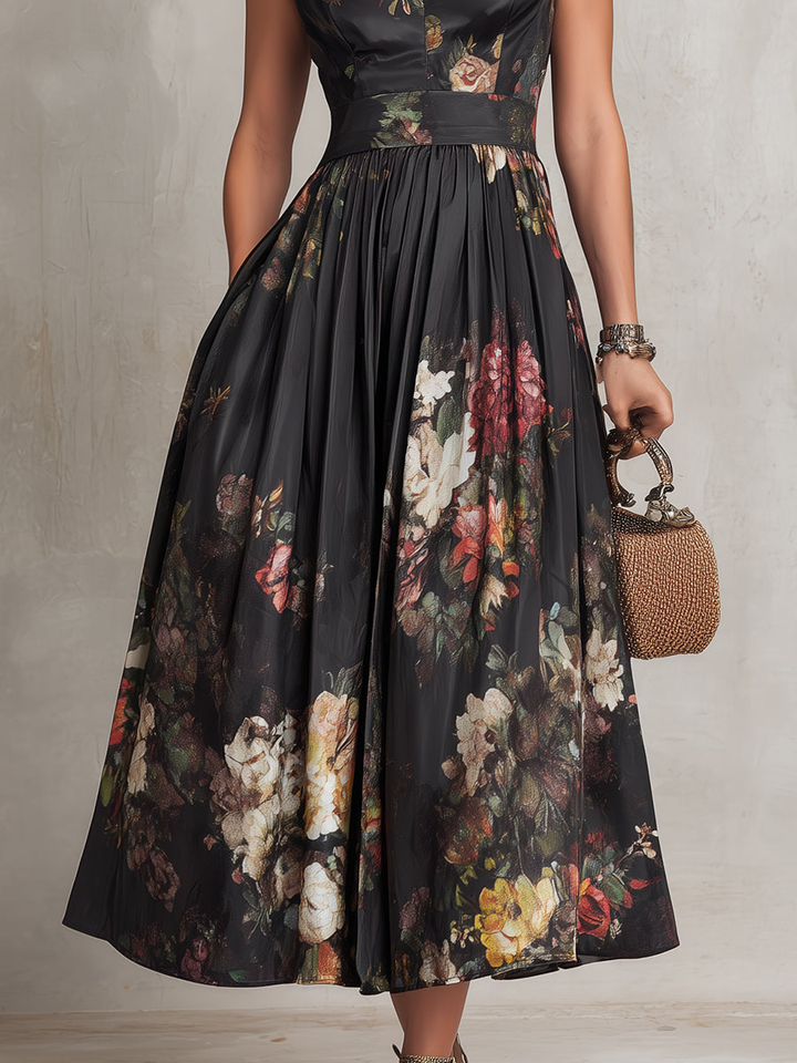 Harlow | Keyhole Floral Pleated Satin Midi Dress