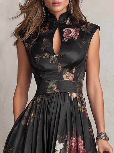 Harlow | Keyhole Floral Pleated Satin Midi Dress