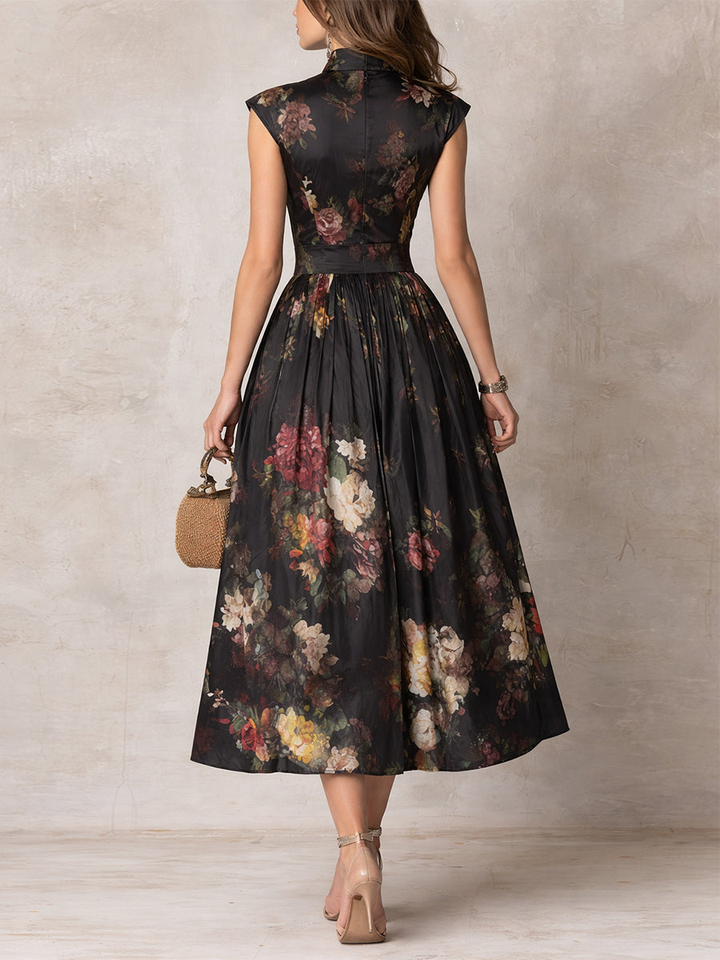 Harlow™ | Keyhole Floral Pleated Satin Midi Dress