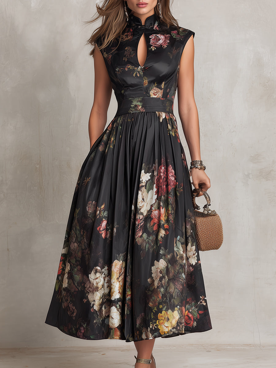 Harlow | Keyhole Floral Pleated Satin Midi Dress