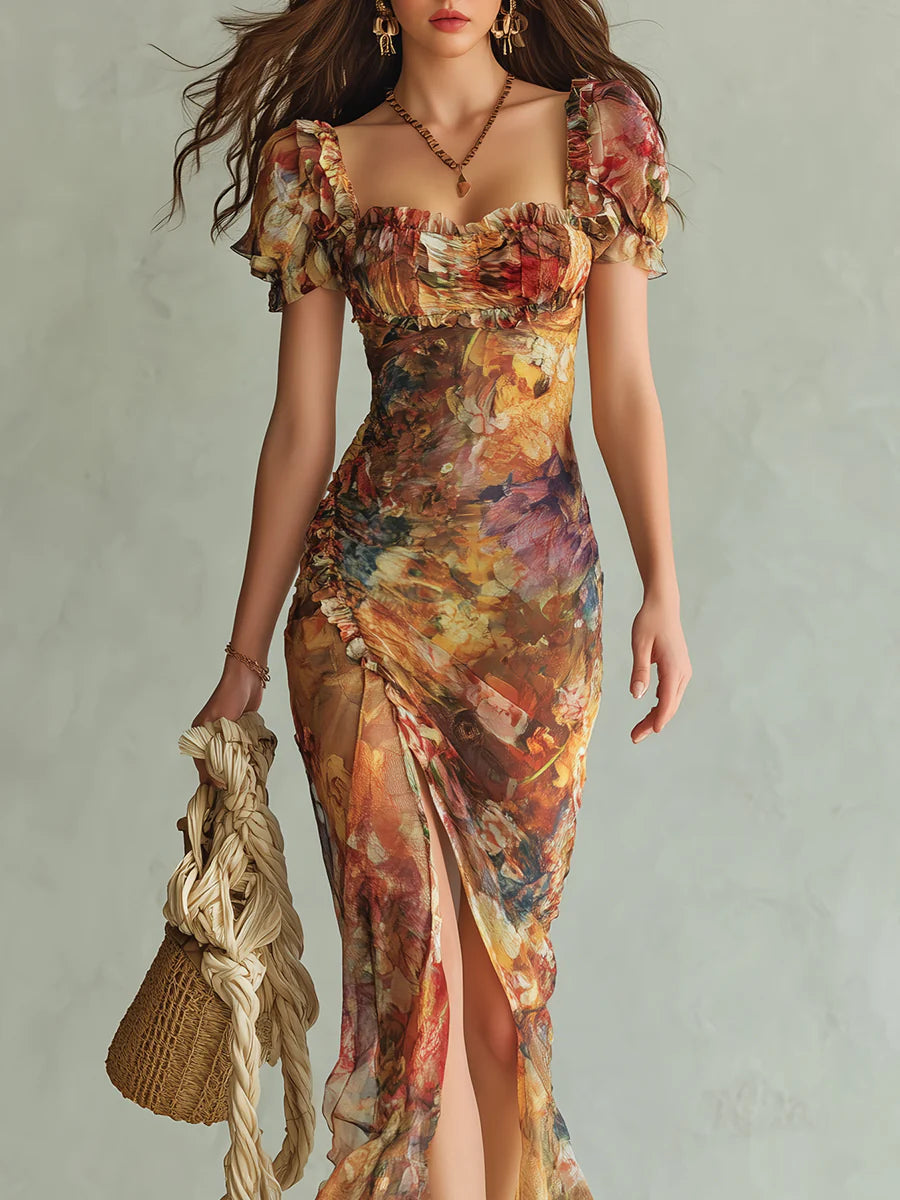 Saffron | Bohemian Oil-Painting Print Maxi Dress
