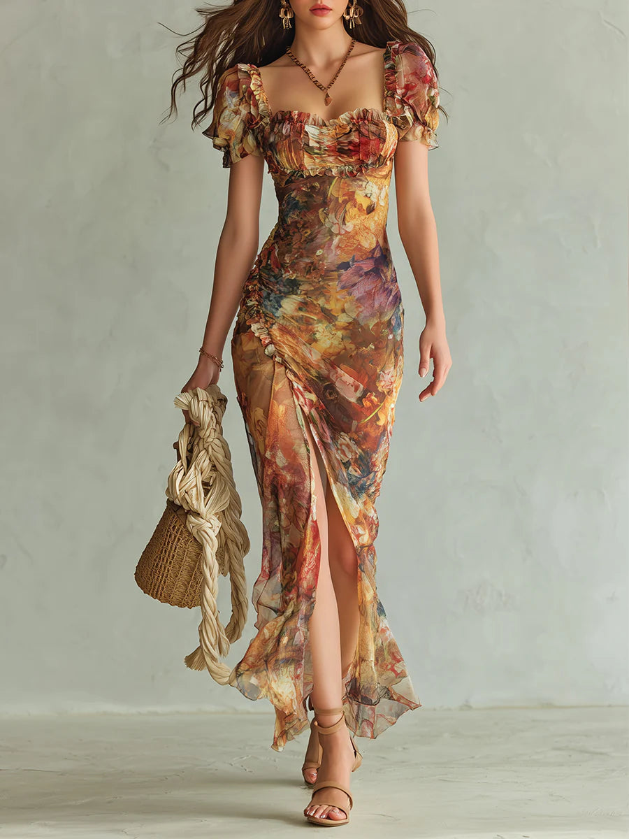 Saffron | Bohemian Oil-Painting Print Maxi Dress