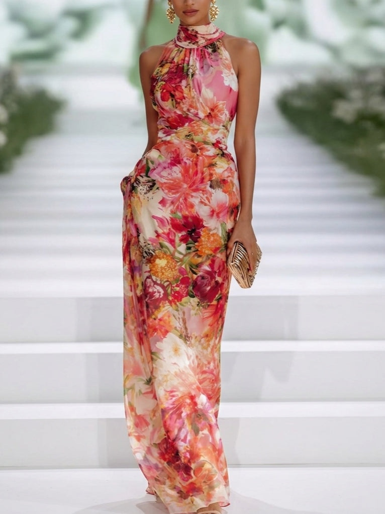 Carmen | Floral Halter-Neck Chiffon Maxi Dress