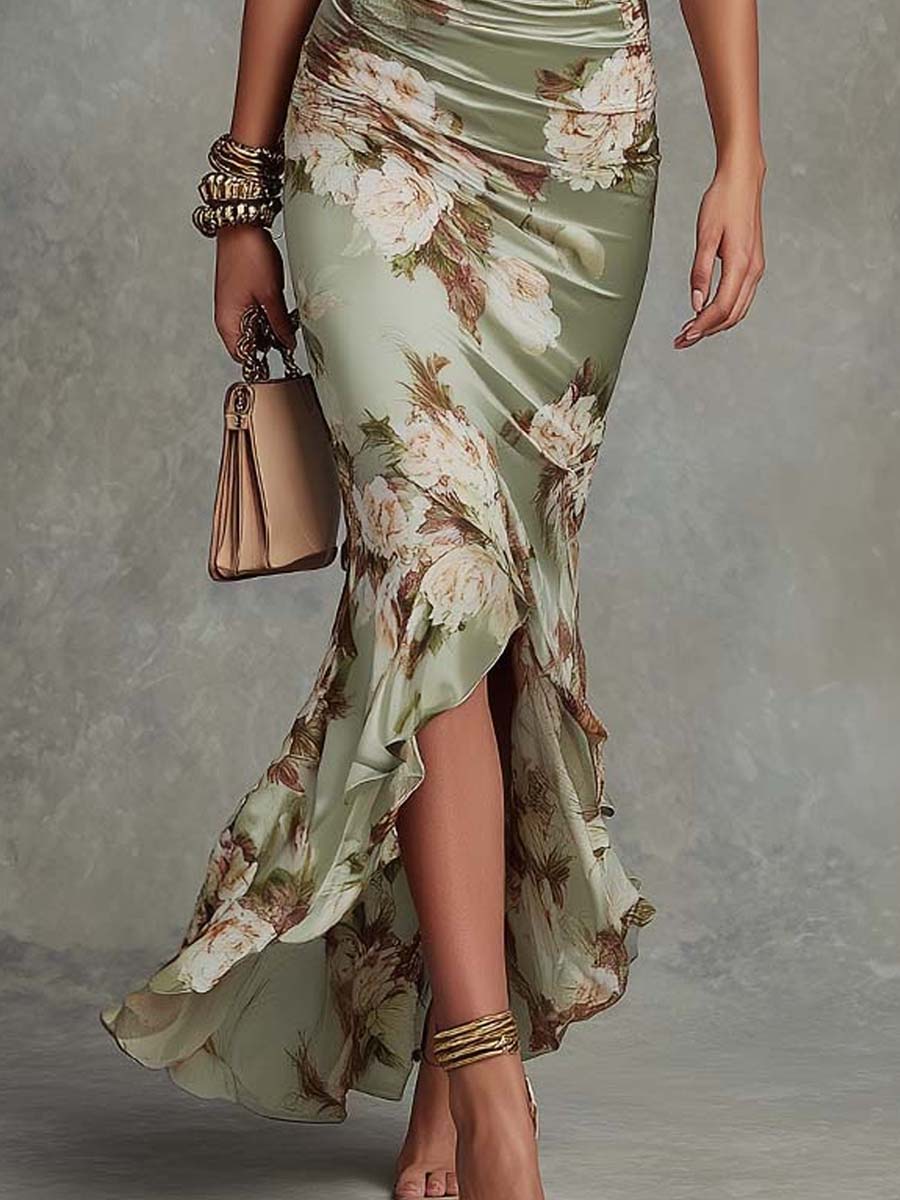 Ophelia | Bell-Sleeve Satin Asymmetrical Maxi Dress