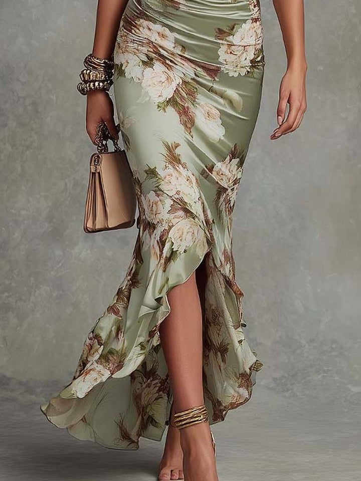 Ophelia | Bell-Sleeve Satin Asymmetrical Maxi Dress