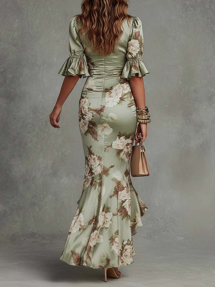 Ophelia | Bell-Sleeve Satin Asymmetrical Maxi Dress