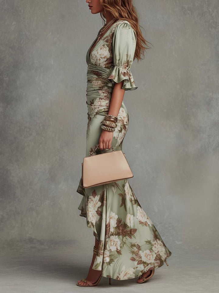 Ophelia | Bell-Sleeve Satin Asymmetrical Maxi Dress