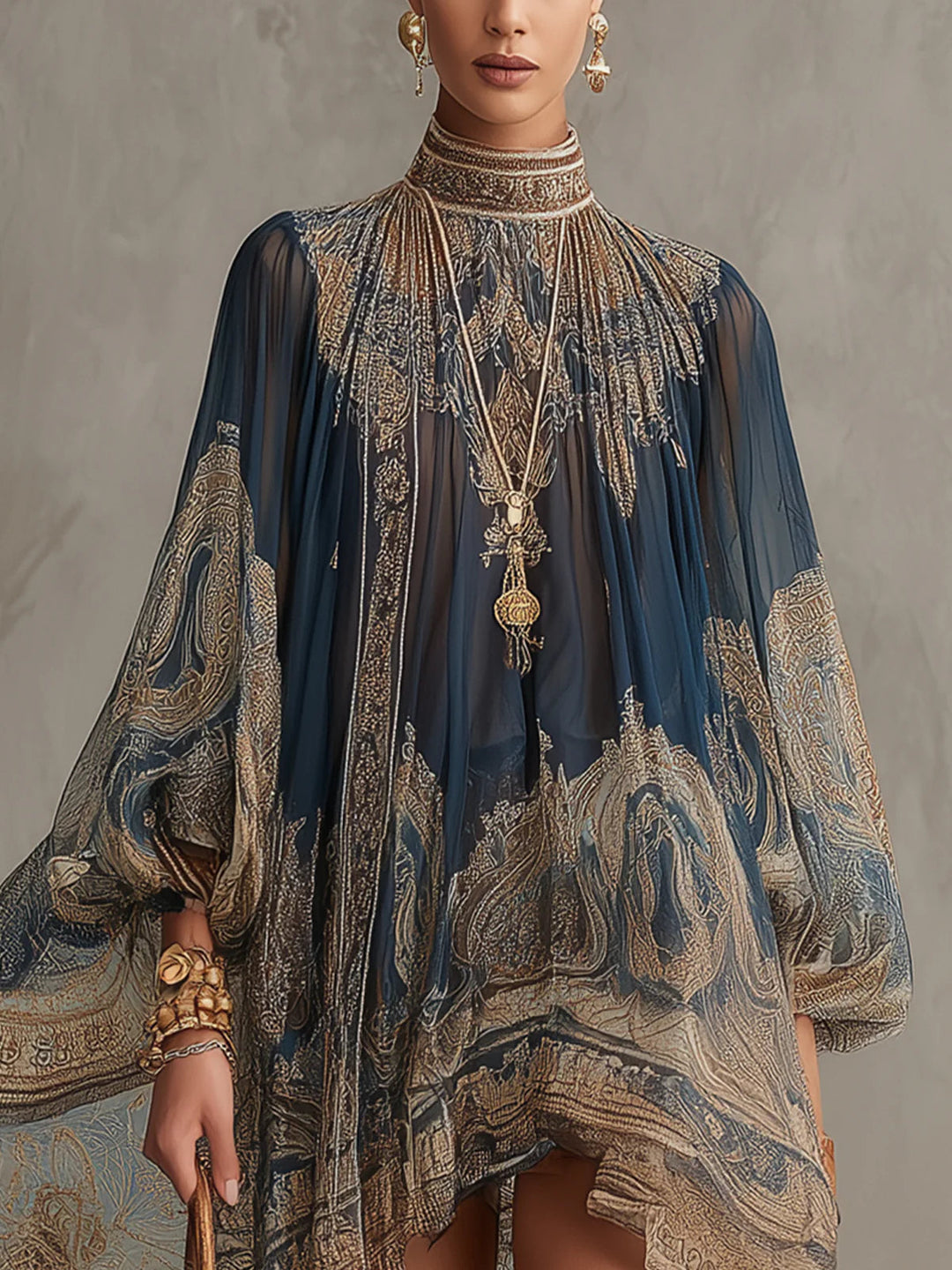 Octavia | Baroque High-Neck Chiffon Mini Dress
