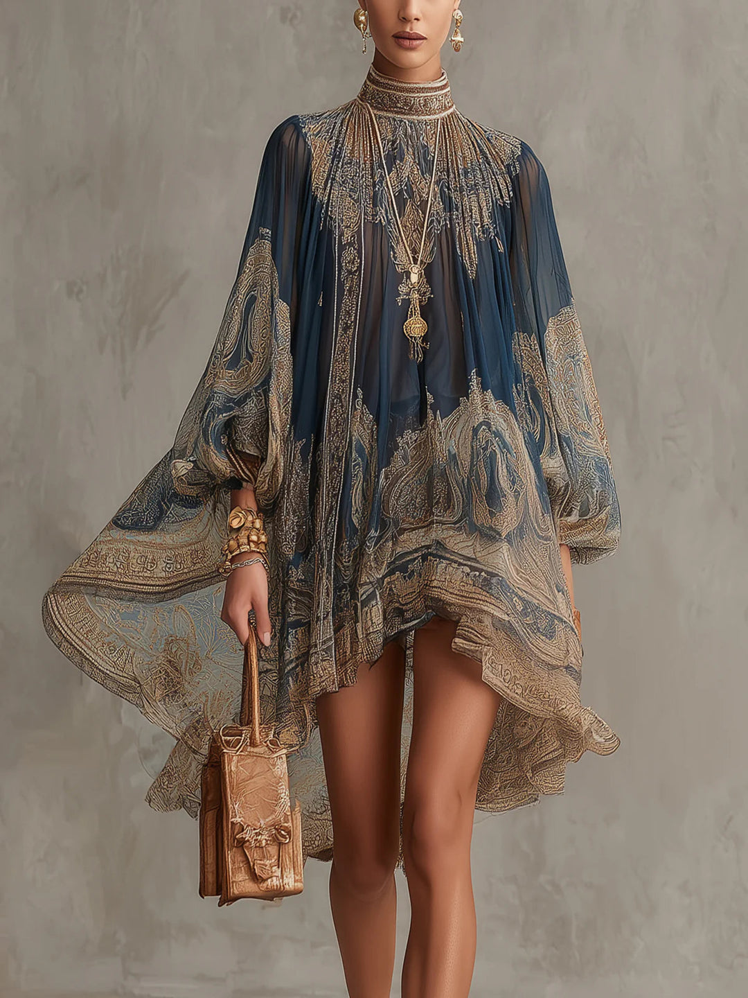 Octavia | Baroque High-Neck Chiffon Mini Dress