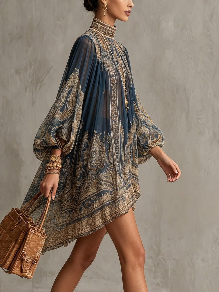Octavia | Baroque High-Neck Chiffon Mini Dress