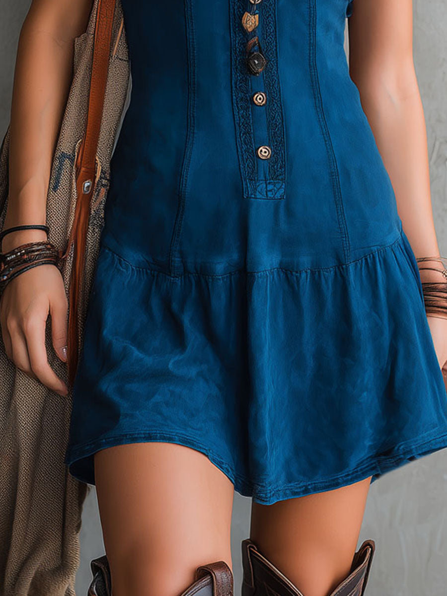 Indira™ | Indigo Button-Down Sleeveless Mini Dress