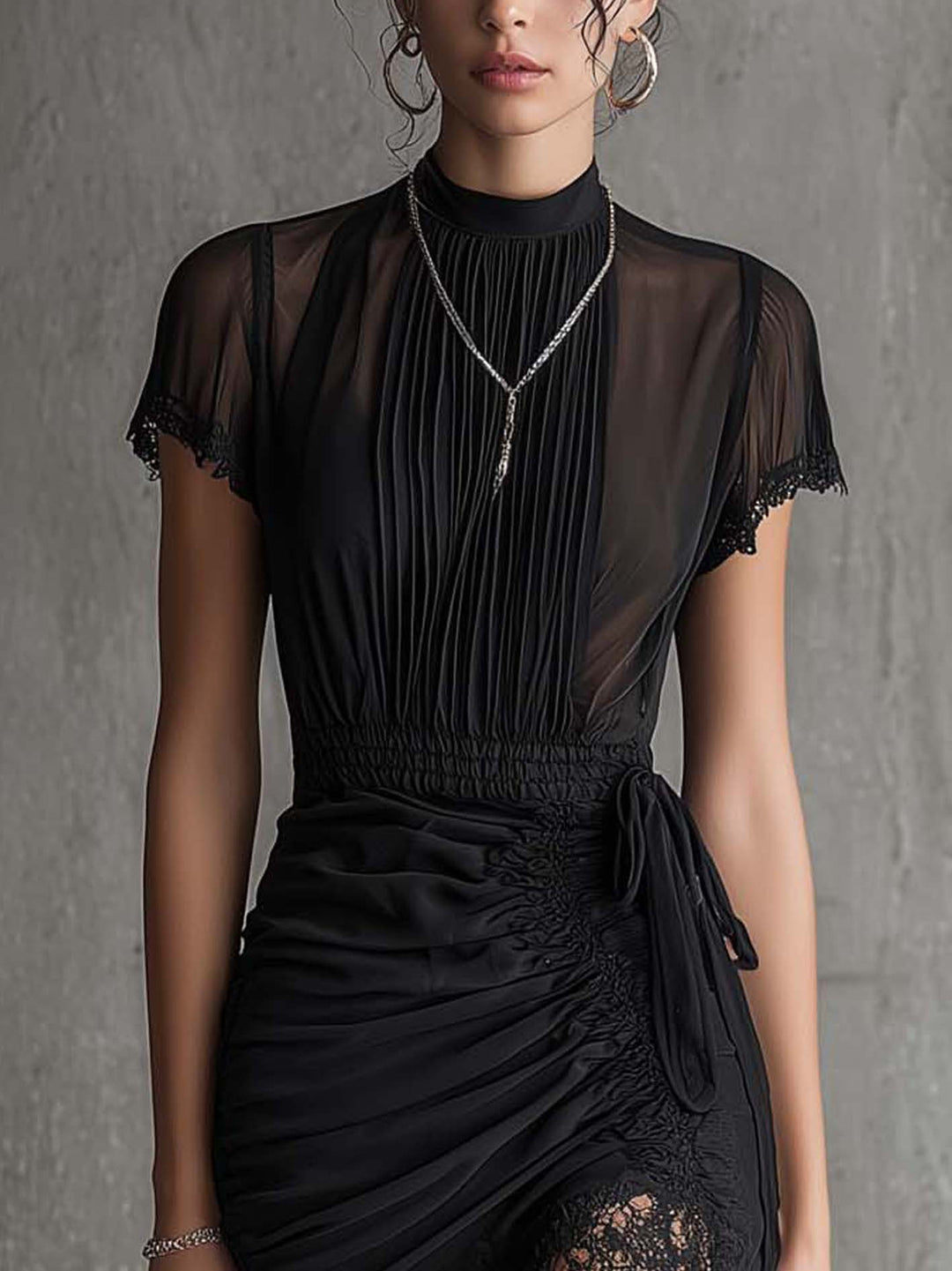 Delphine | Pleated Lace-Trim Chiffon Mini Dress