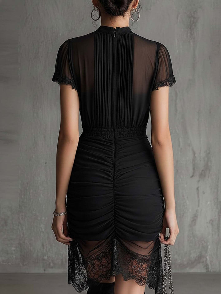 Delphine | Pleated Lace-Trim Chiffon Mini Dress