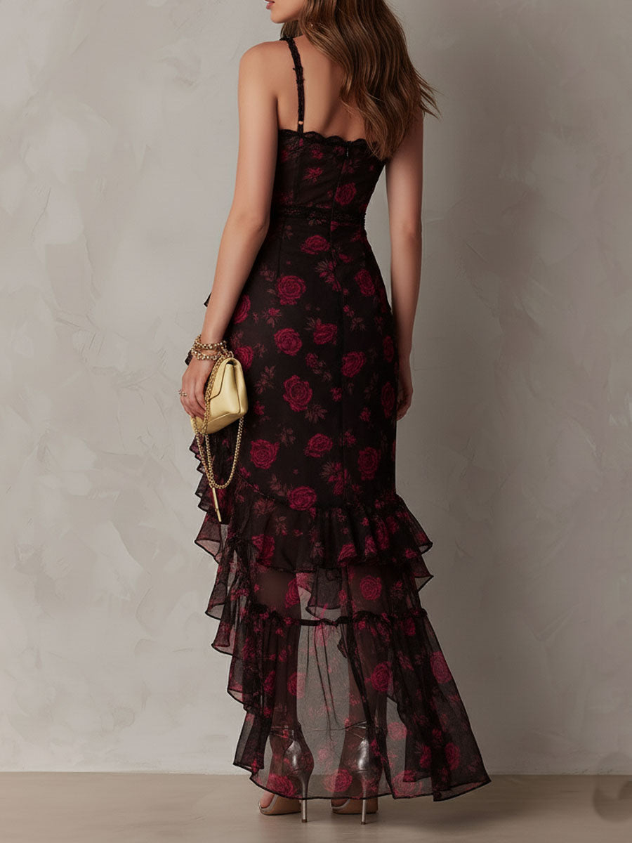 Renata | Black & Red Floral Ruffle-Hem Dress