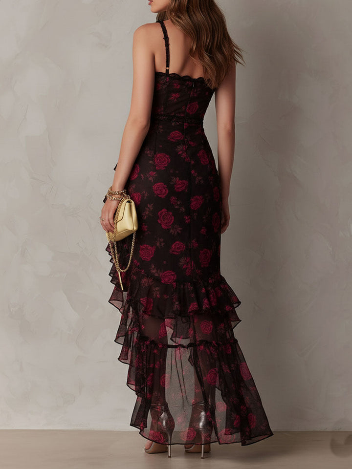 Renata™ | Black & Red Floral Ruffle-Hem Dress