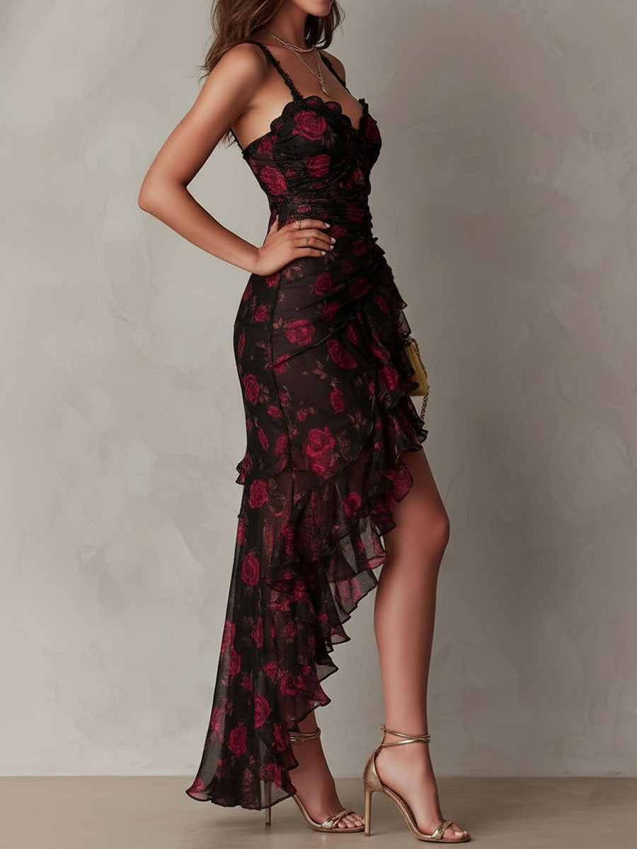 Renata™ | Black & Red Floral Ruffle-Hem Dress