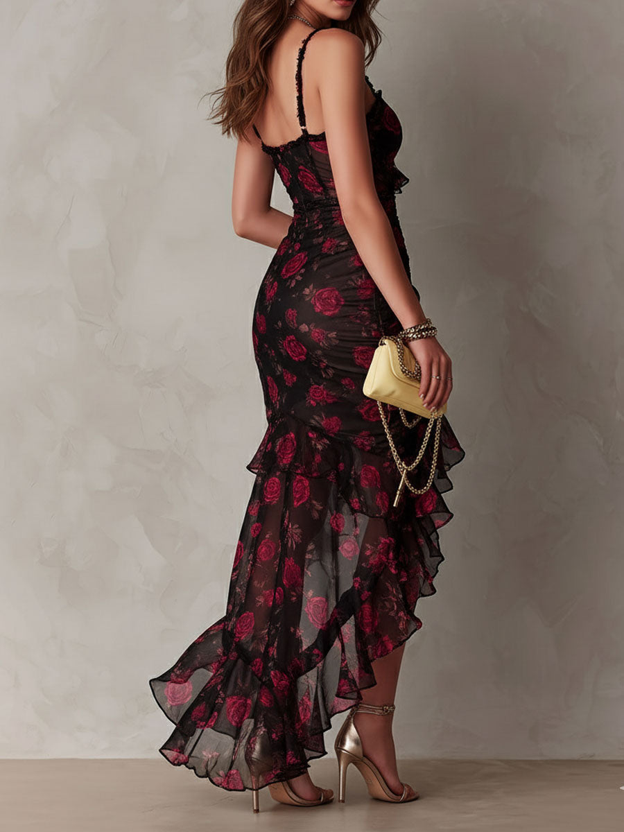 Renata™ | Black & Red Floral Ruffle-Hem Dress