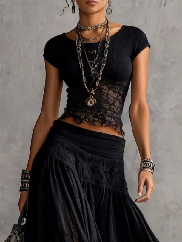 Cordelia | Lace-Paneled Top & Pleated Maxi Skirt Set