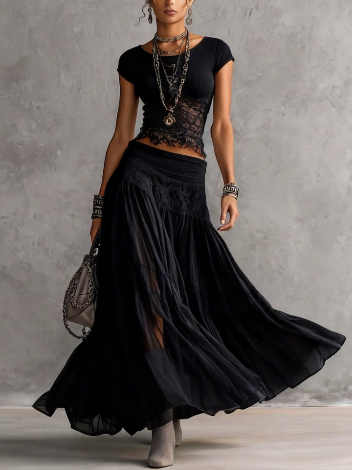 Cordelia | Lace-Paneled Top & Pleated Maxi Skirt Set